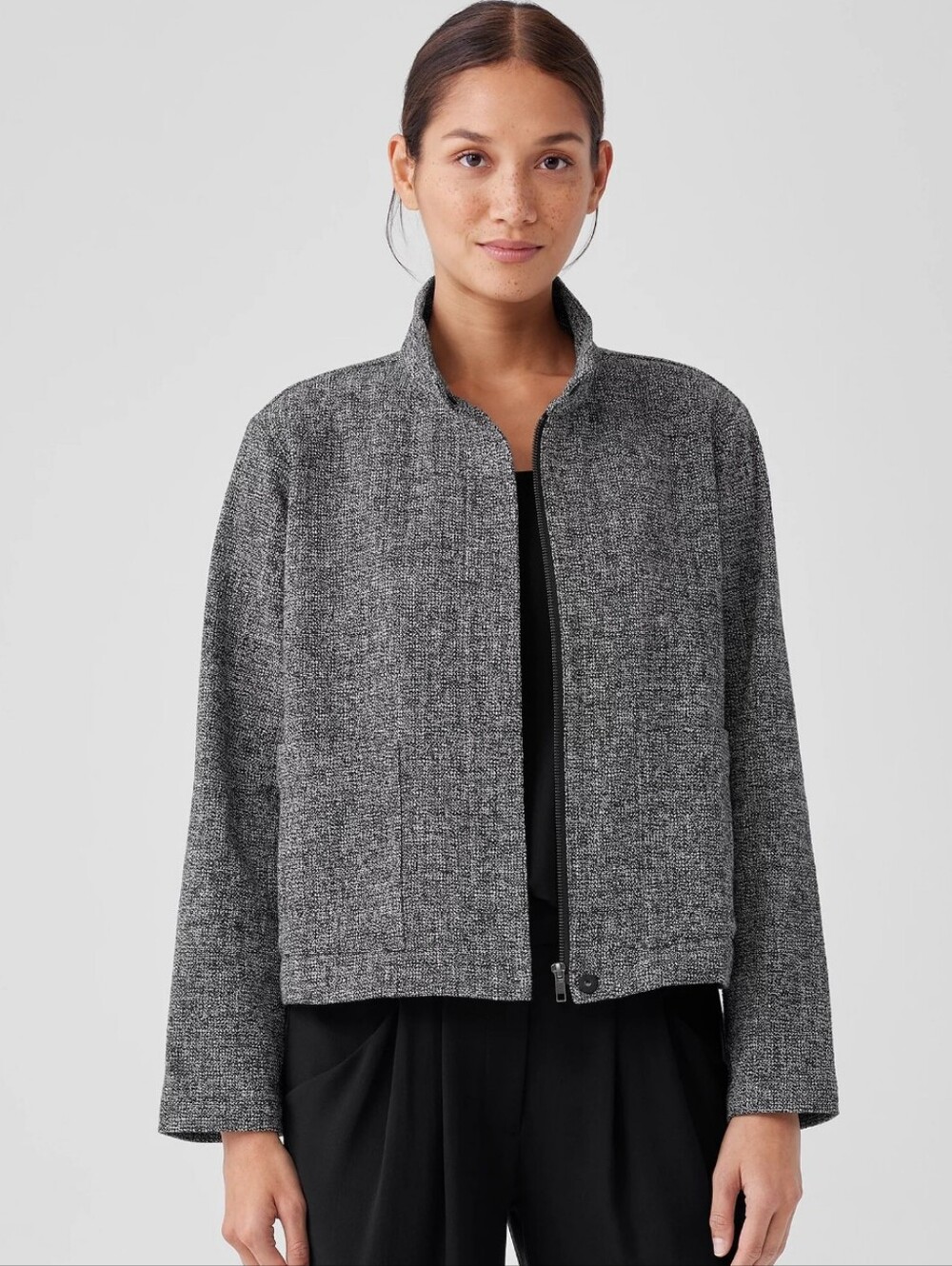 Eileen Fisher Organic Cotton Tweed Stand Collar Textured Bouclé Jacket M Medium